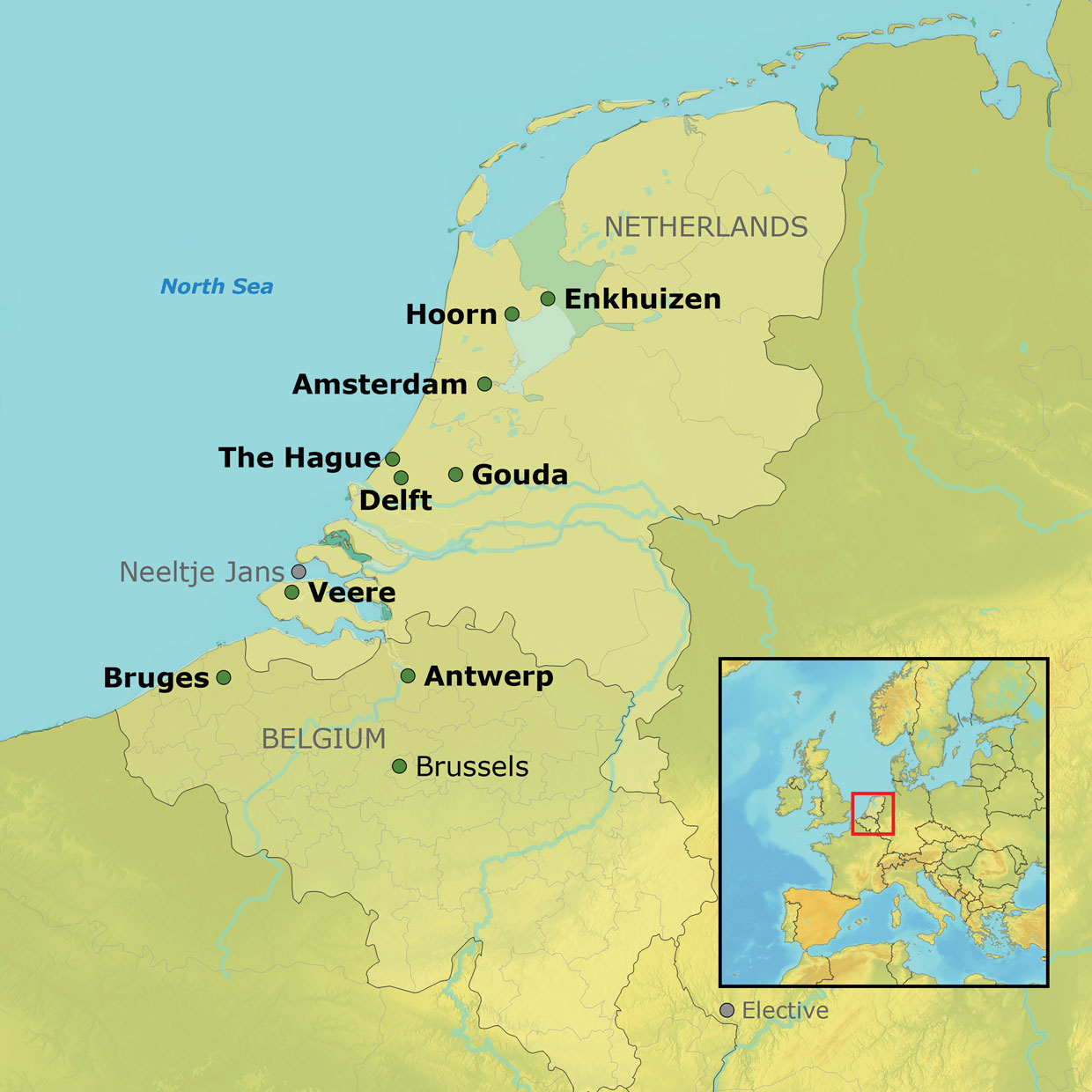 Map detailing the cities you will visit.